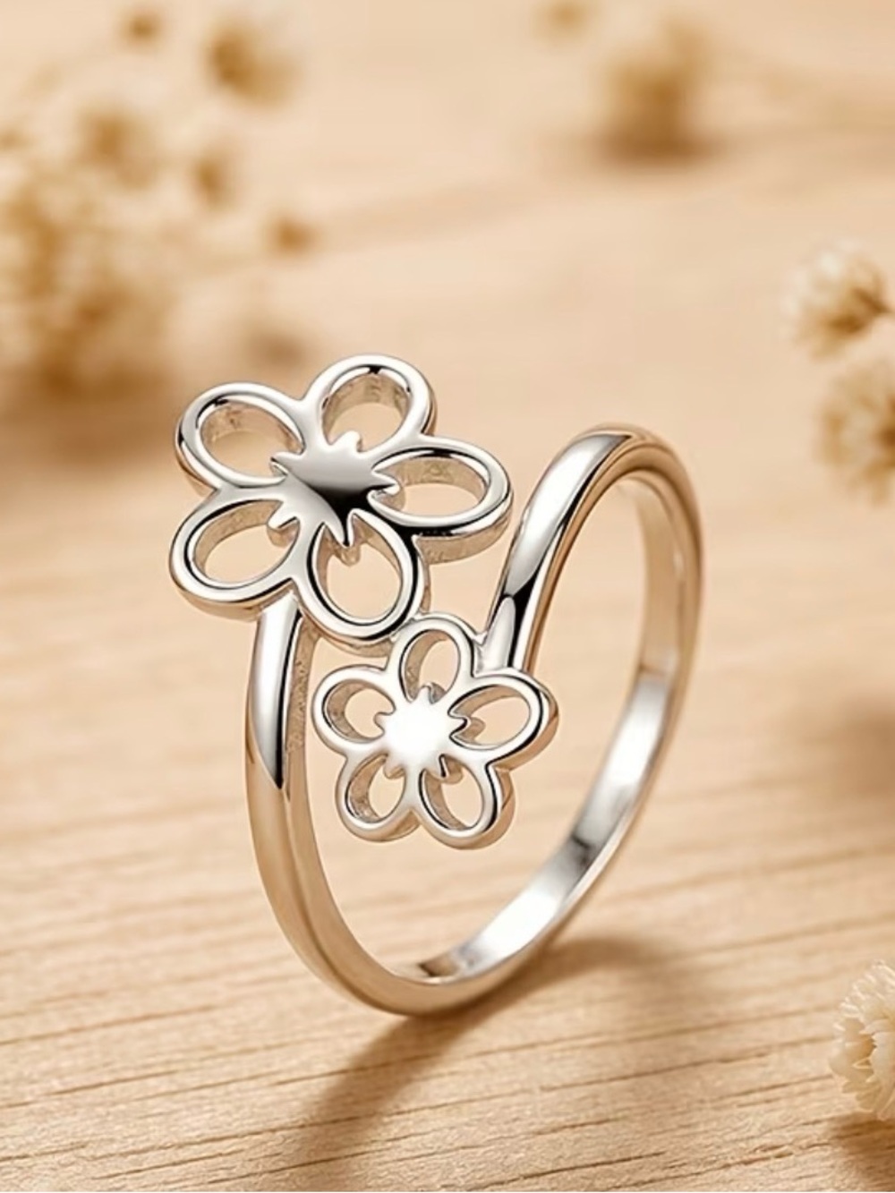Silver Floral Double Flower Open Ring - Women Jewelry